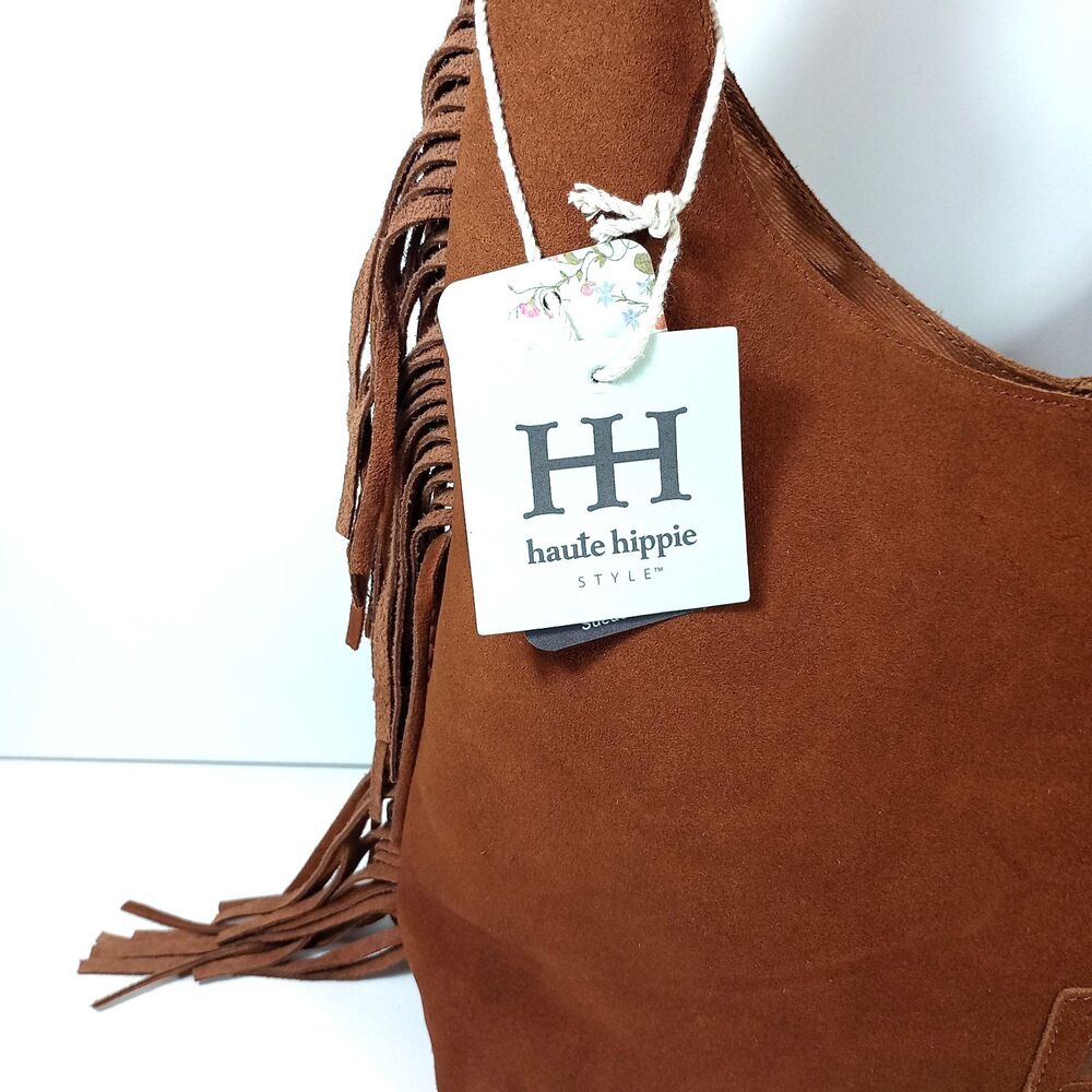 NWT Haute Hippie Style Brown Suede Leather Fringe Hobo Shoulder Bag Boho Purse - Picture 2 of 10